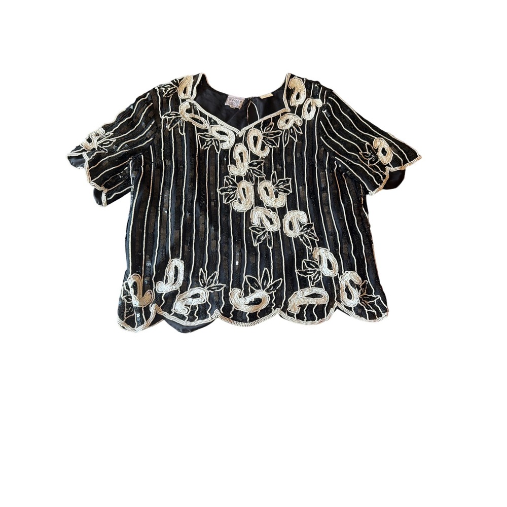 Sténay Plus Blouse Black White Silk Beaded Sequin Paisley Scalloped 3X Vintage